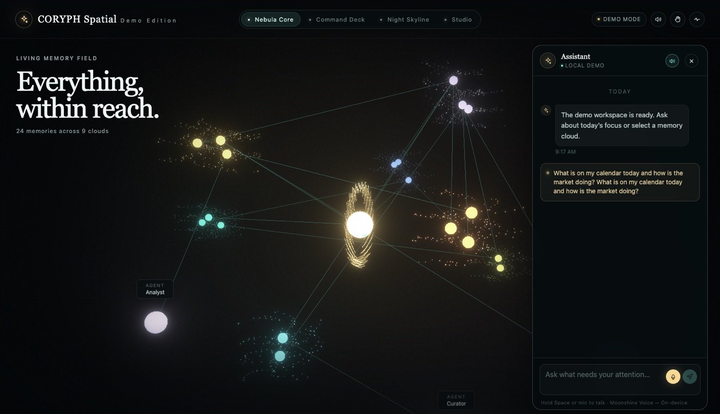 Nebula Core with the chat panel open while the assistant listens; the core forms a listening ring and the input reads Moonshine Voice, on-device